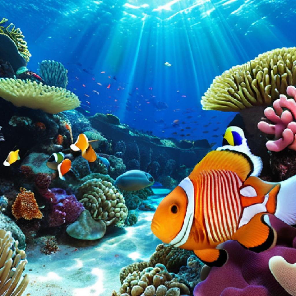 ** A vibrant coral reef teeming with life. Colorful fish swim amongst diverse coral formations. Focus on the interconnectedness of the ecosystem, showcasing the symbiotic relationships between various species like clownfish and anemones. Bright, clear water with sun rays filtering through.

**