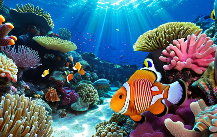 ** A vibrant coral reef teeming with life. Colorful fish swim amongst diverse coral formations. Focus on the interconnectedness of the ecosystem, showcasing the symbiotic relationships between various species like clownfish and anemones. Bright, clear water with sun rays filtering through.

**