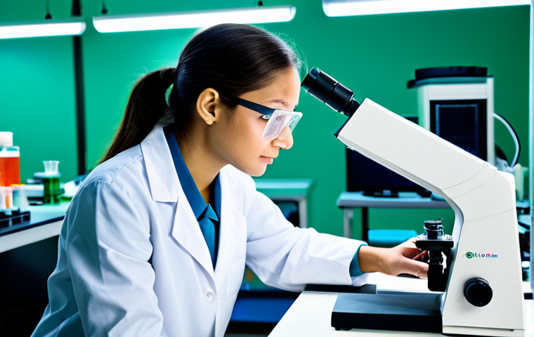 해양생물 유전자 편집 기술 - **Prompt:** "A marine biologist in a lab coat, examining a genetically modified algae sample under a...