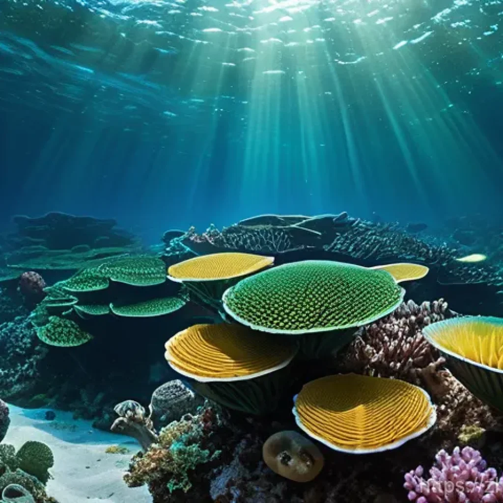 해양 생물 독소 분석 기법 - A vibrant underwater ecosystem thrives with diverse marine life, including various fish, scallops, m...