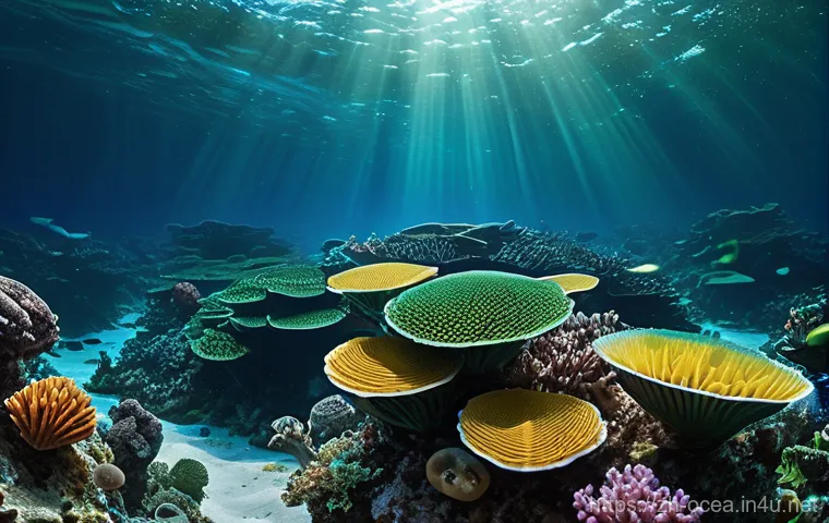 해양 생물 독소 분석 기법 - A vibrant underwater ecosystem thrives with diverse marine life, including various fish, scallops, m...