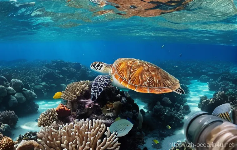 해양생태계 보전 - **Prompt:** A visually striking split-scene image. On the left, a beautiful, vibrant coral reef teem...