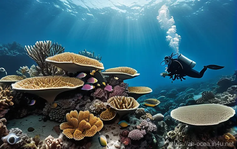 해양생태계 보전 - **Prompt:** A visually striking split-scene image. On the left, a beautiful, vibrant coral reef teem...
