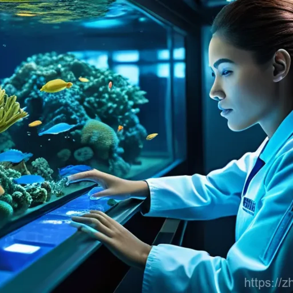 해양생물 독성 실험법 - **Prompt:** A highly detailed, photorealistic image of a futuristic, transparent underwater laborato...