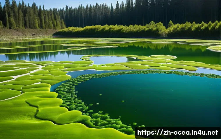 해양 미세조류와 바이오 연료 - **Prompt:** "A captivating macro close-up of a vibrant green microalgae cultivation pond, seen from ...