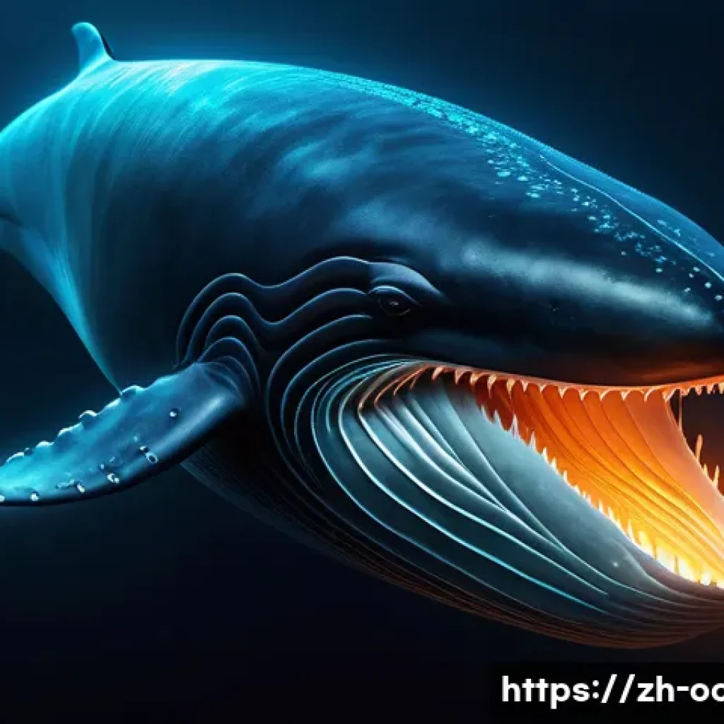 해양 포유류 생리학 - A detailed underwater scene showing a deep-diving whale at 3000+ meters depth, surrounded by dark oc...
