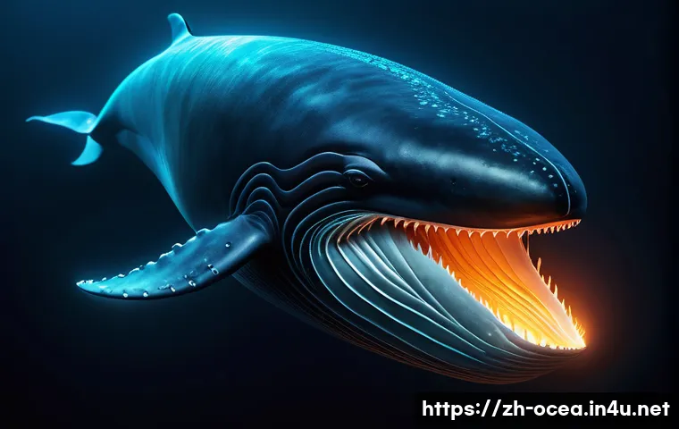 해양 포유류 생리학 - A detailed underwater scene showing a deep-diving whale at 3000+ meters depth, surrounded by dark oc...