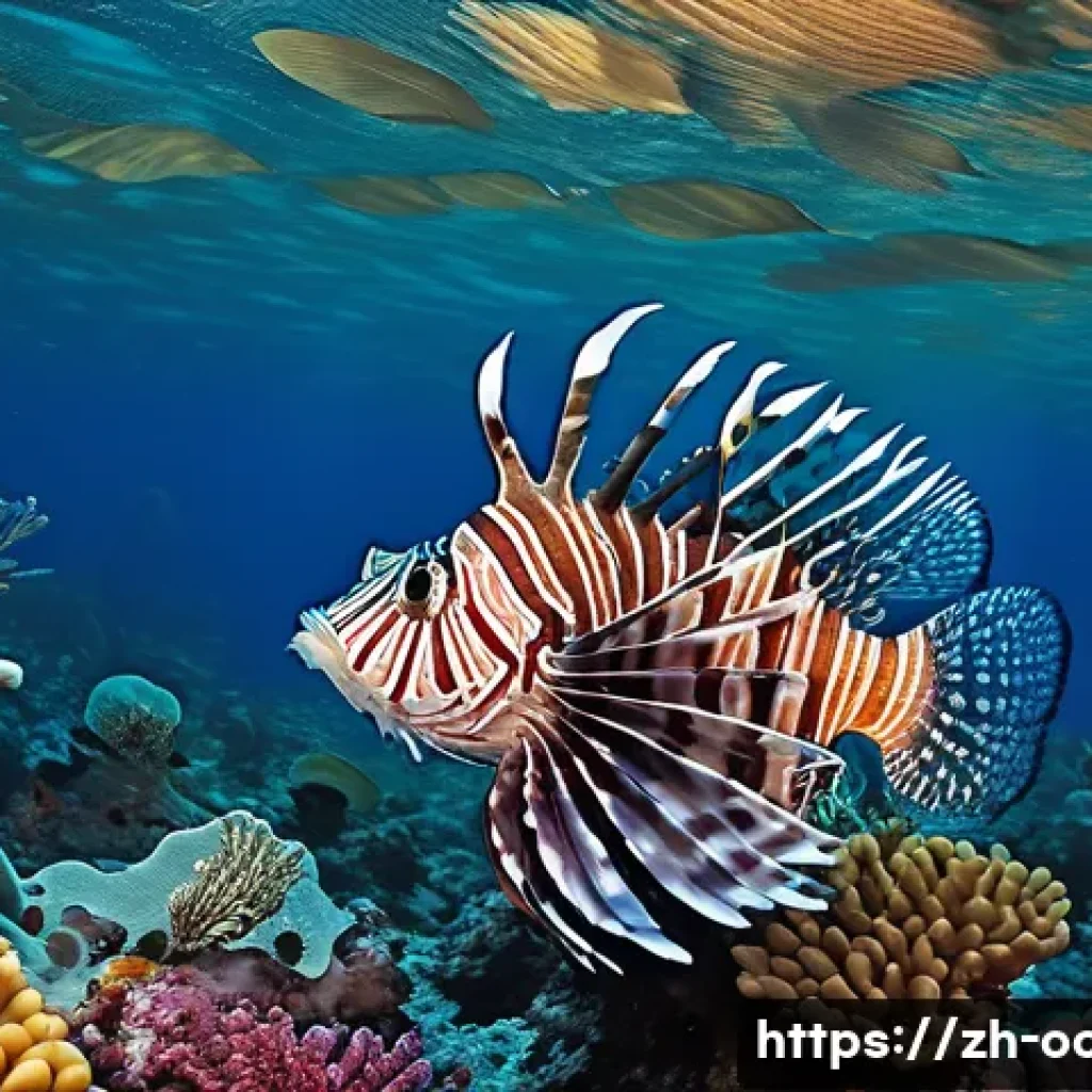 어류 행동 연구와 생태계 영향 - A vibrant underwater scene showcasing a lionfish camouflaged among colorful coral reefs, poised to a...