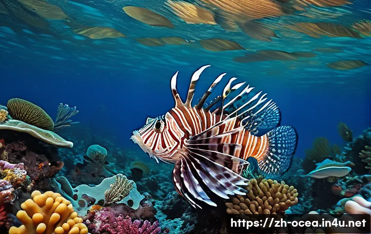 어류 행동 연구와 생태계 영향 - A vibrant underwater scene showcasing a lionfish camouflaged among colorful coral reefs, poised to a...