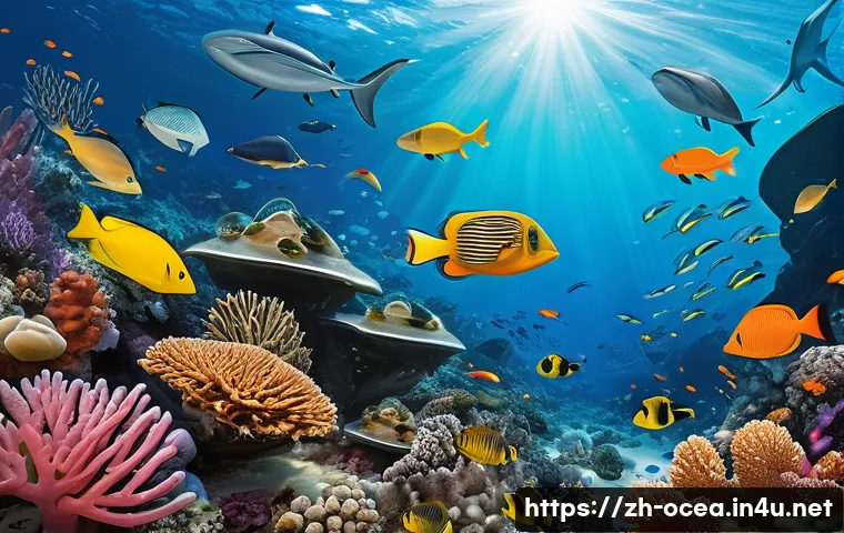 해양 생물다양성 보전법 - A vibrant underwater coral reef ecosystem scene teeming with diverse marine life including colorful ...