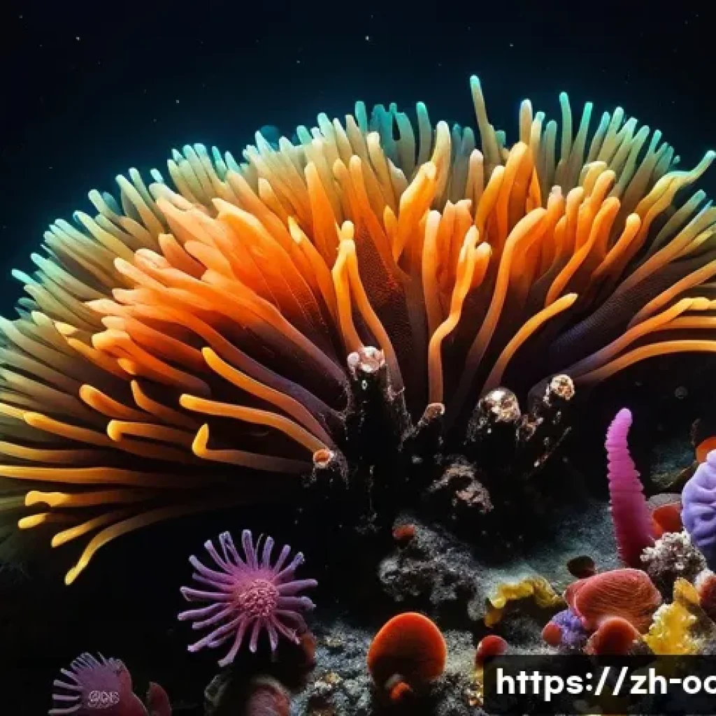 심해 열수구 생물 탐사 - A vibrant deep-sea hydrothermal vent ecosystem scene showcasing giant tube worms with bright red plu...