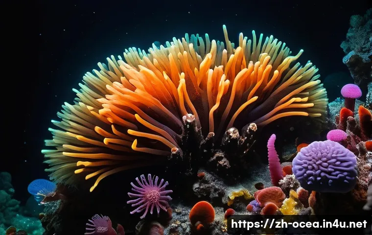 심해 열수구 생물 탐사 - A vibrant deep-sea hydrothermal vent ecosystem scene showcasing giant tube worms with bright red plu...