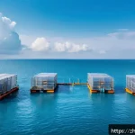 조개류 양식 기술 - A high-tech shellfish aquaculture farm featuring multiple sensor devices installed on underwater cag...