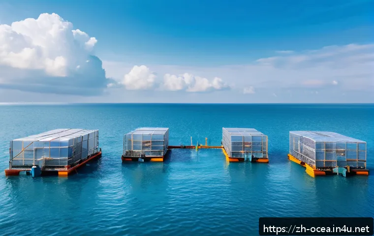 조개류 양식 기술 - A high-tech shellfish aquaculture farm featuring multiple sensor devices installed on underwater cag...