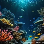 심해 생태계와 자원 채굴 - A mesmerizing deep-sea scene depicting diverse bioluminescent fish with glowing light organs illumin...