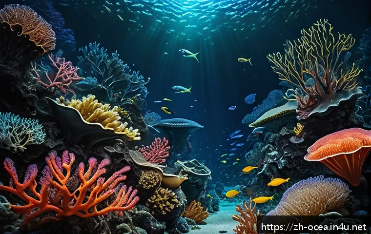심해 생태계와 자원 채굴 - A mesmerizing deep-sea scene depicting diverse bioluminescent fish with glowing light organs illumin...