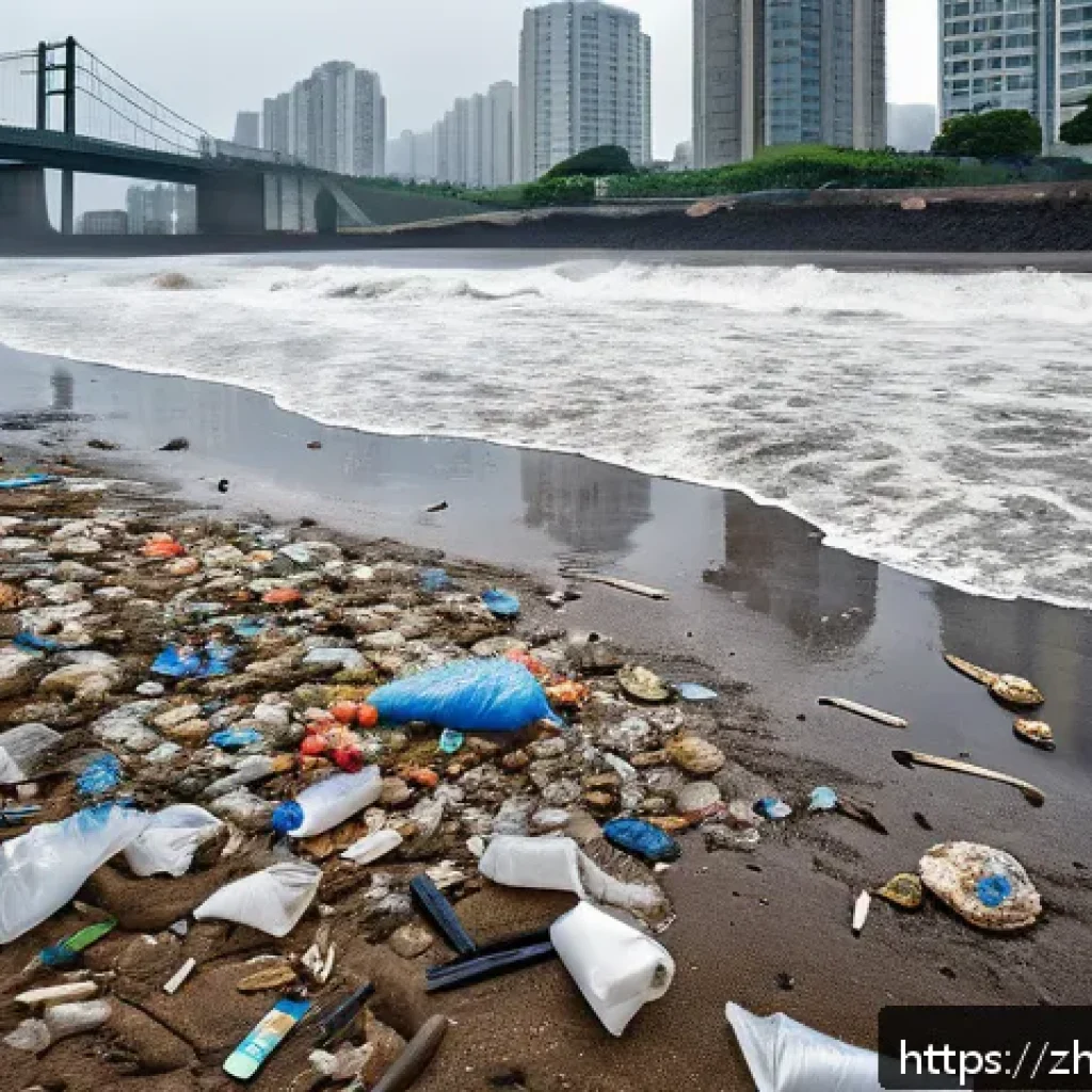 해양 미세플라스틱 오염 연구 - A detailed coastal beach scene showing scattered plastic waste fragments like plastic bags, disposab...