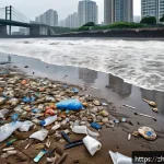 해양 미세플라스틱 오염 연구 - A detailed coastal beach scene showing scattered plastic waste fragments like plastic bags, disposab...