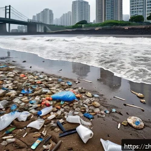 해양 미세플라스틱 오염 연구 - A detailed coastal beach scene showing scattered plastic waste fragments like plastic bags, disposab...