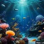 대양 생태계와 기후 변화 - A vibrant underwater scene showcasing a diverse deep-sea ecosystem with various bioluminescent creat...