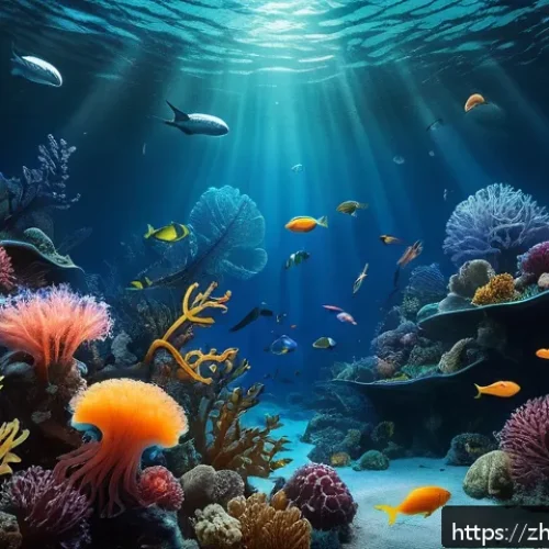 대양 생태계와 기후 변화 - A vibrant underwater scene showcasing a diverse deep-sea ecosystem with various bioluminescent creat...