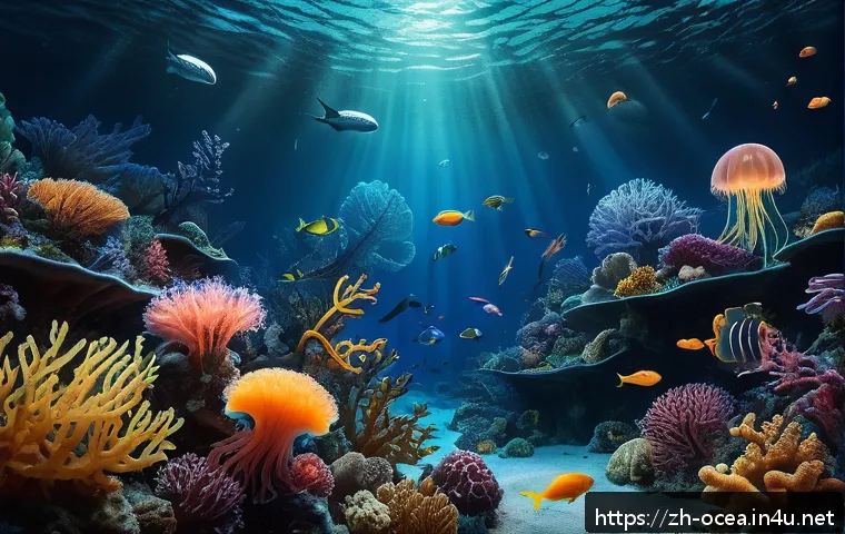 대양 생태계와 기후 변화 - A vibrant underwater scene showcasing a diverse deep-sea ecosystem with various bioluminescent creat...