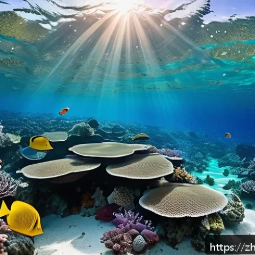 바닷물 화학과 해양 생태 - A vibrant underwater scene showing a diverse coral reef ecosystem affected by varying salinity level...