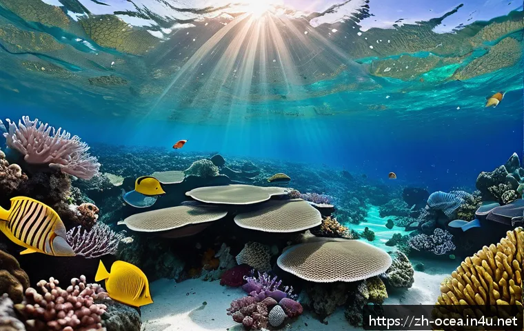 바닷물 화학과 해양 생태 - A vibrant underwater scene showing a diverse coral reef ecosystem affected by varying salinity level...
