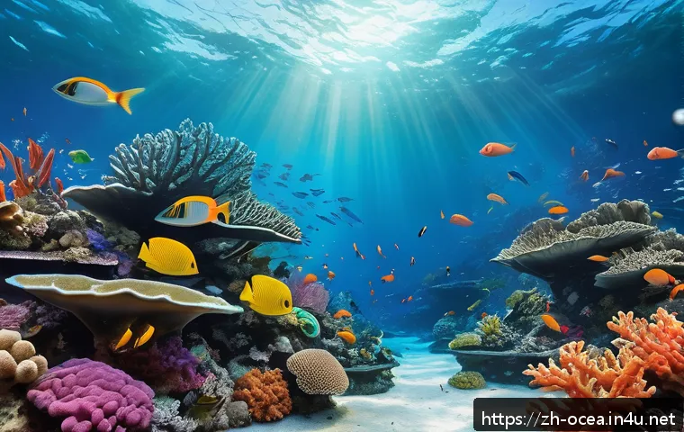 유전자 조작을 통한 해양생물 보전 - A highly detailed underwater scene depicting genetically enhanced coral reefs thriving in warm ocean...