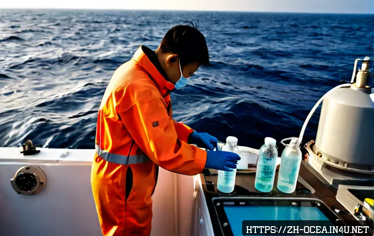 해양 방사능 오염 연구 - Photorealistic marine radioactivity research scene aboard a modern oceanographic vessel, an East Asi...